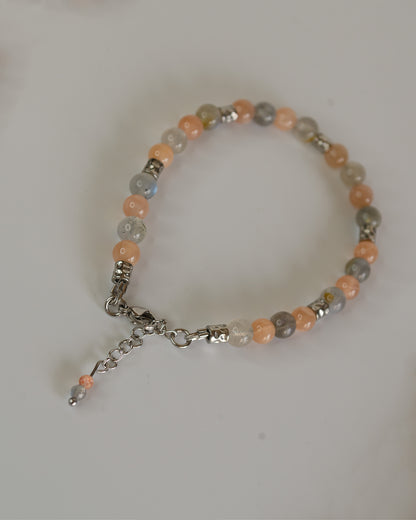 BRACCIALE LABRADORITE, PIETRA DEL SOLE E PEPITE IN ACCIAIO