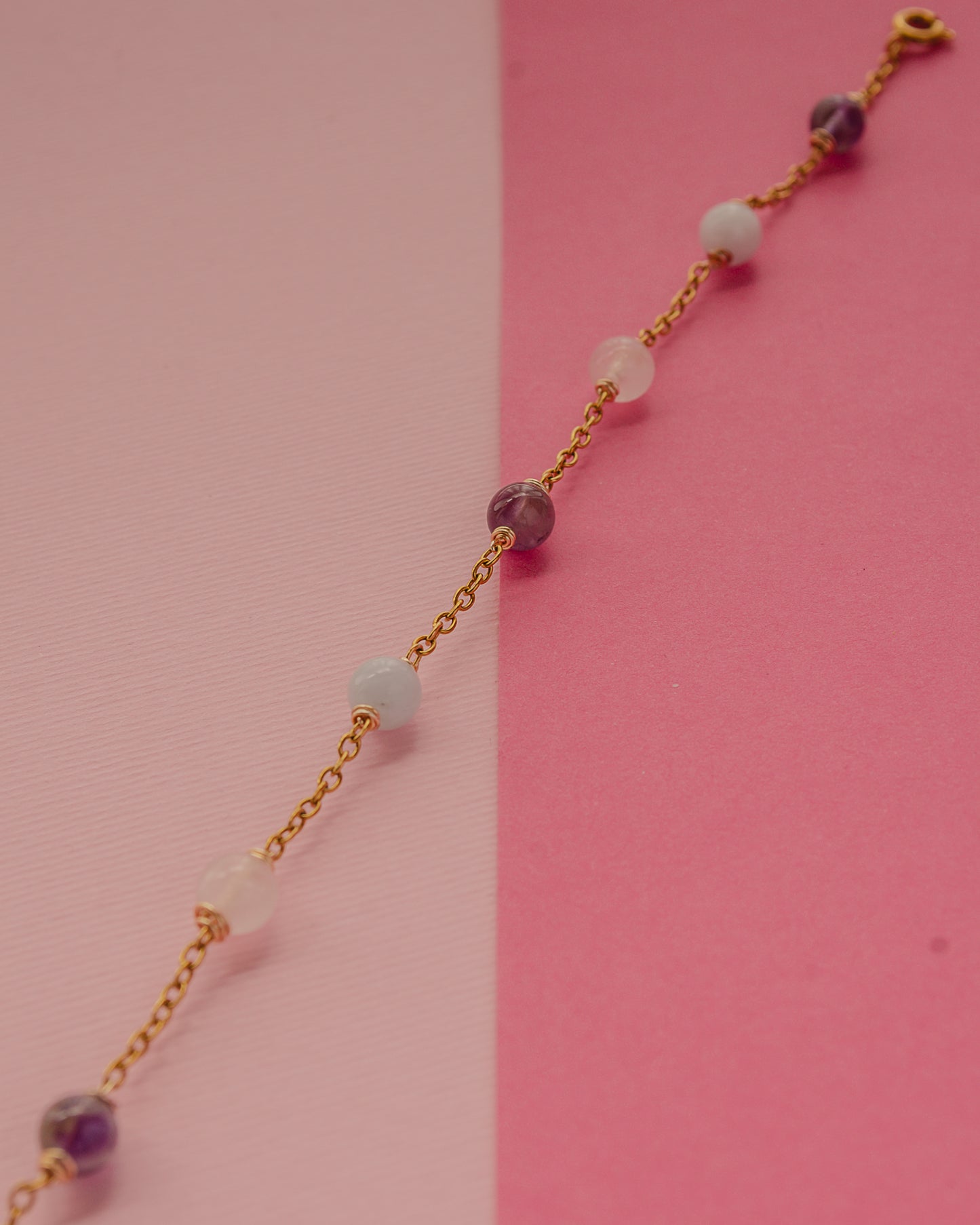 BRACCIALE ACCIAIO AMETISTA,QUARZO ROSA, ACQUAMARINA