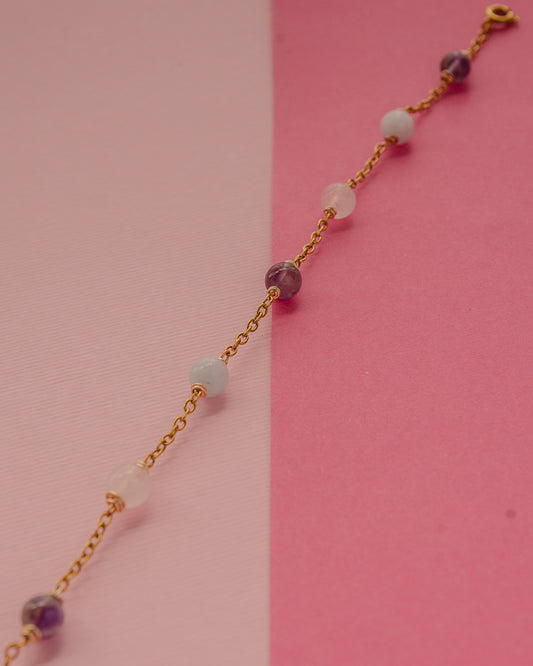 BRACCIALE ACCIAIO AMETISTA,QUARZO ROSA, ACQUAMARINA